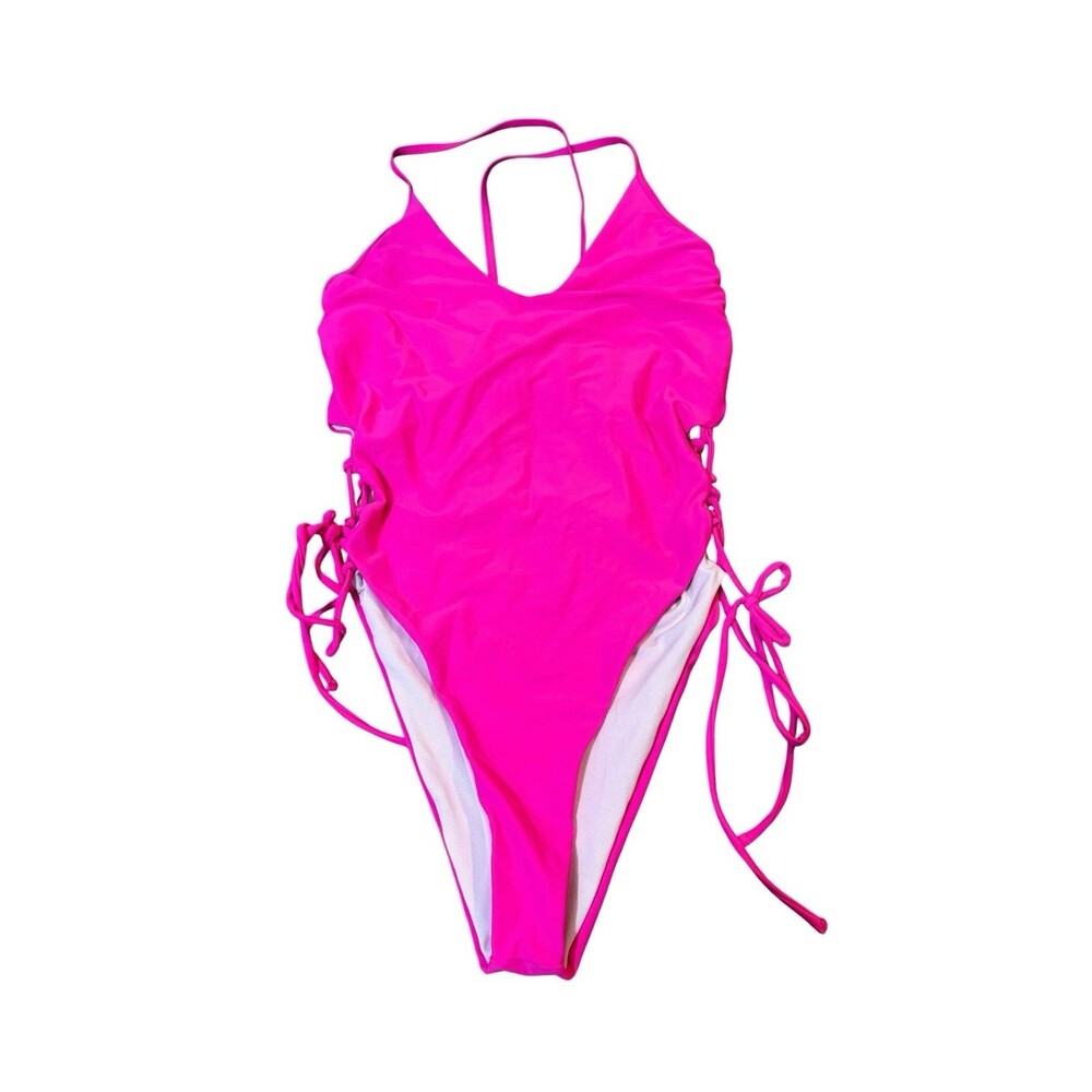 Barbie Pink Lace Up Side Cutout One Piece Swimsuit Crisscross Back
